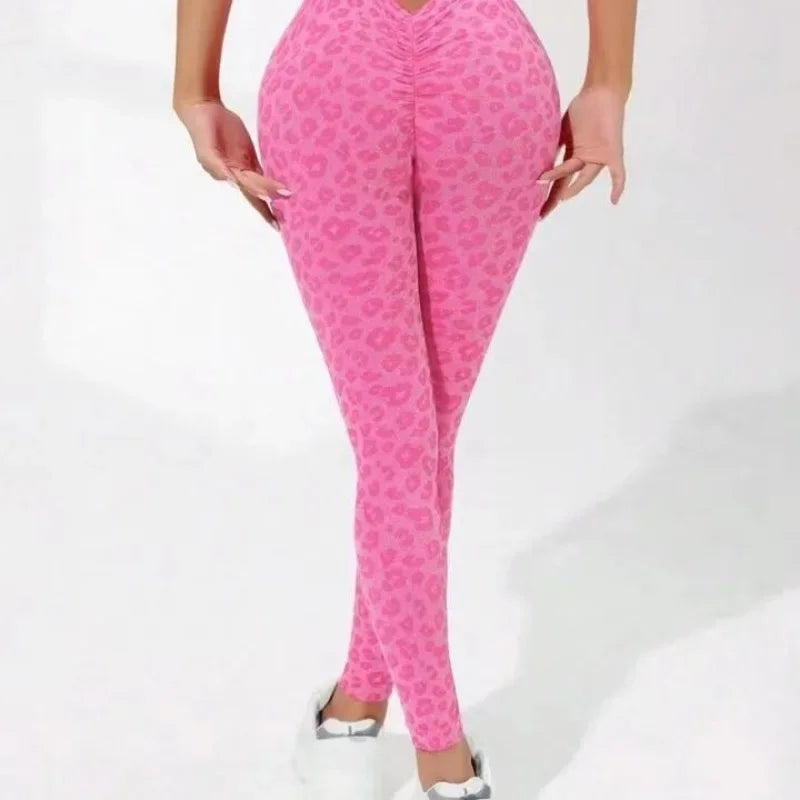 Leggings taille V léopard pour femmes, leggings slim sans couture, extensibles, taille haute, levage des hanches, collants de yoga sexy, pantalons de sport, de course à pied