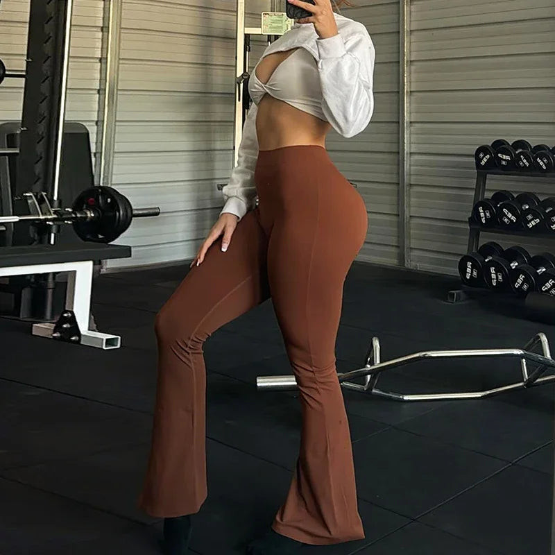 DSMTRC Pantalon de yoga amincissant à pattes d'éléphant, couleur unie, pour femme, taille haute, pantalon de sport tendance pour l'été